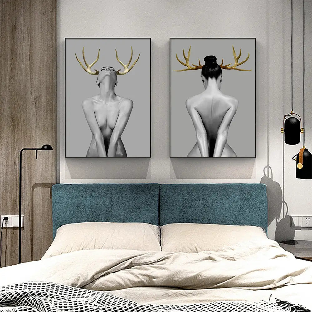 Wall Art 90cmx135cm Girl With Gold Horn 2 Sets Black Frame Canvas - Home & Garden > Wall Art