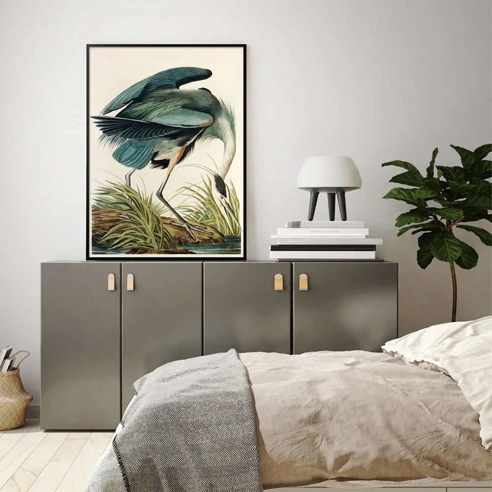 Wall Art 90cmx135cm Great Blue Heron By John James Audubon Black Frame Canvas - Home & Garden > Wall Art