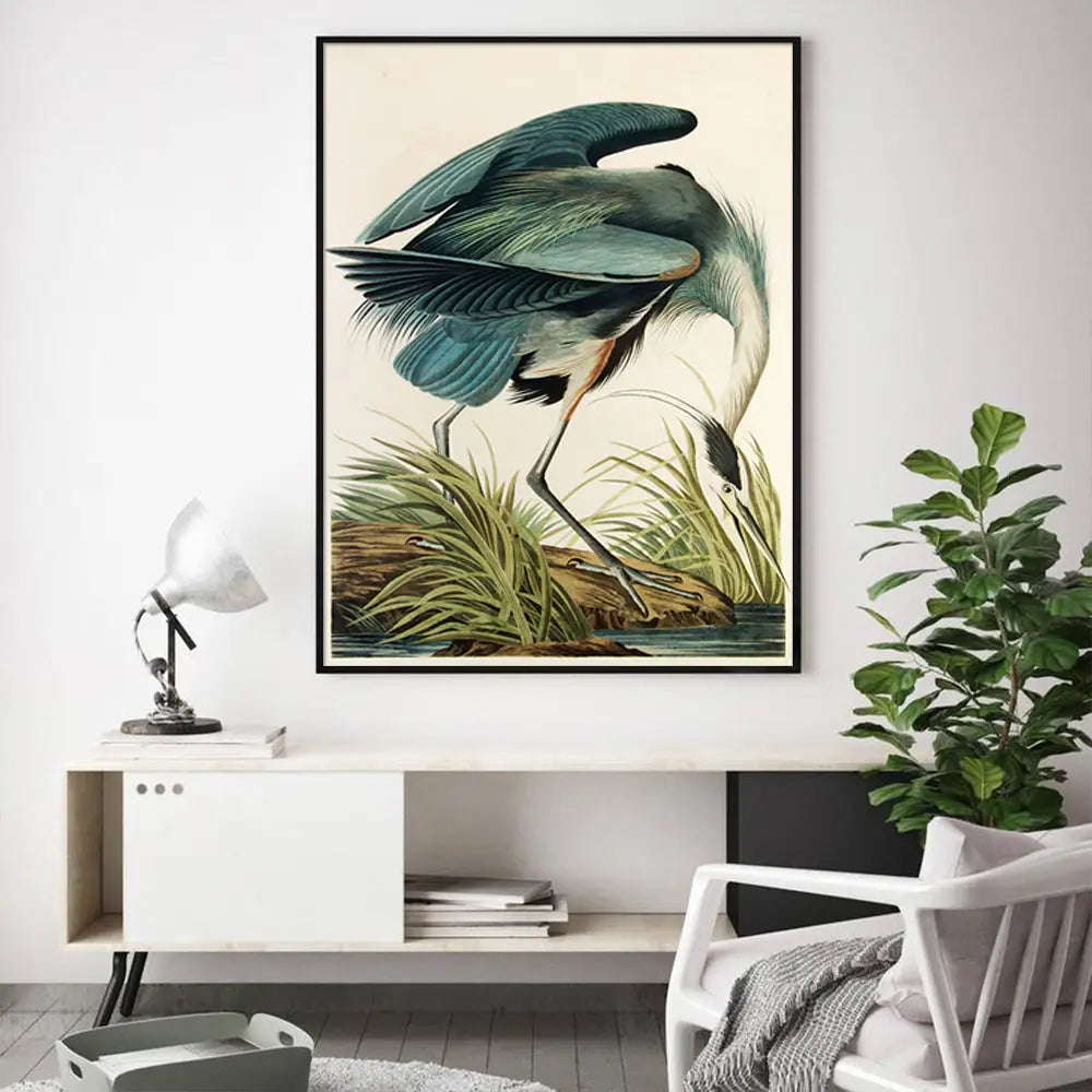 Wall Art 90cmx135cm Great Blue Heron By John James Audubon Black Frame Canvas - Home & Garden > Wall Art