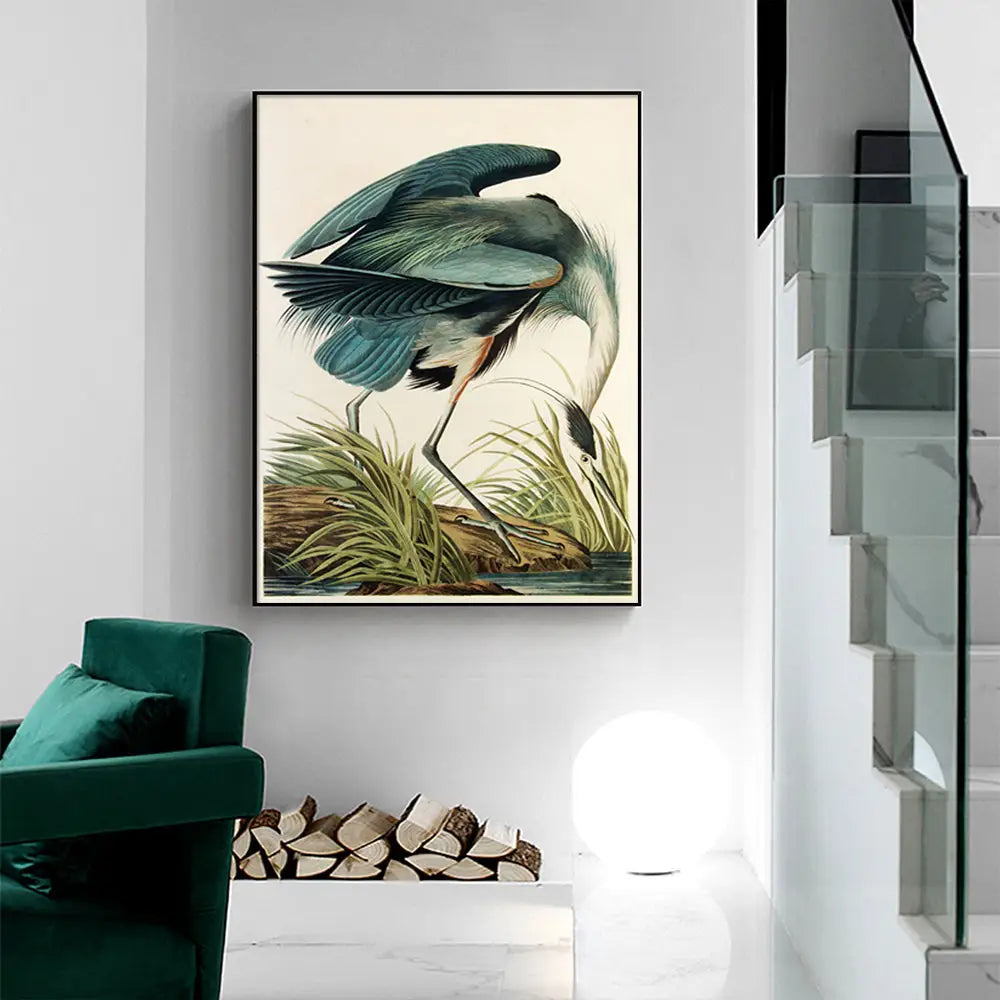 Wall Art 90cmx135cm Great Blue Heron By John James Audubon Black Frame Canvas - Home & Garden > Wall Art