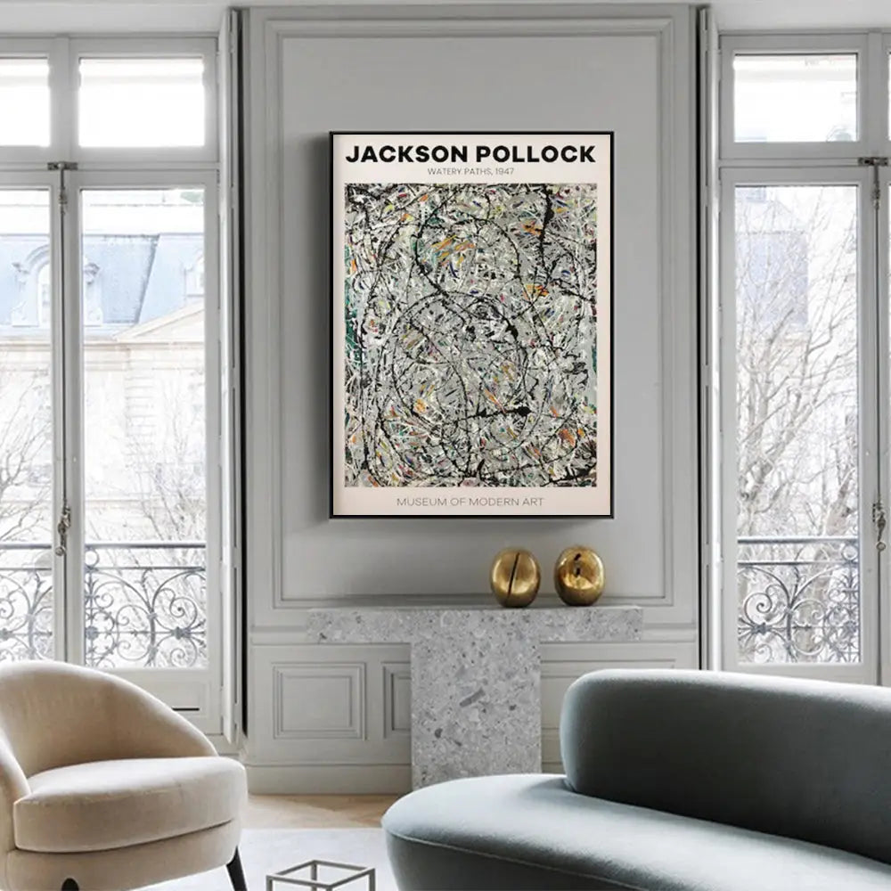 Wall Art 90cmx135cm Jackson Pollock Exhibition III Black Frame Canvas - Home & Garden > Wall Art