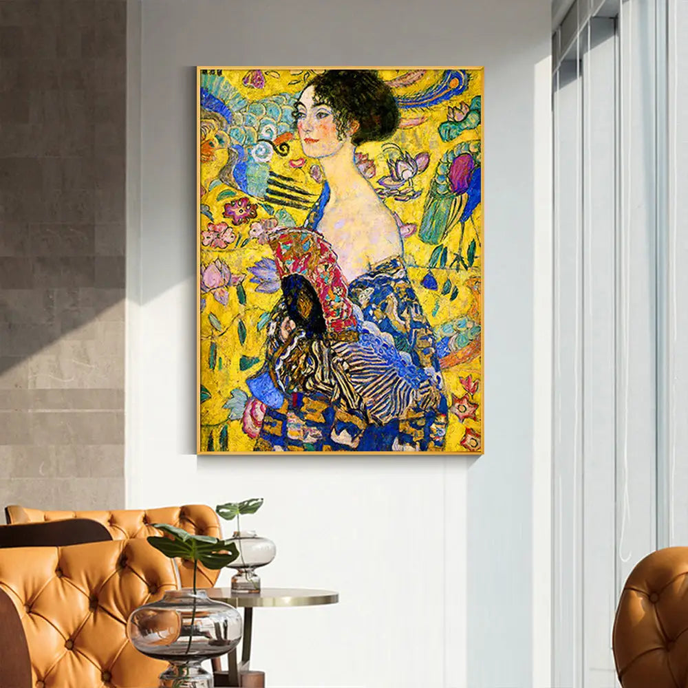 Wall Art 90cmx135cm Lady With A fan By Klimt Gold Frame Canvas - Home & Garden > Wall Art