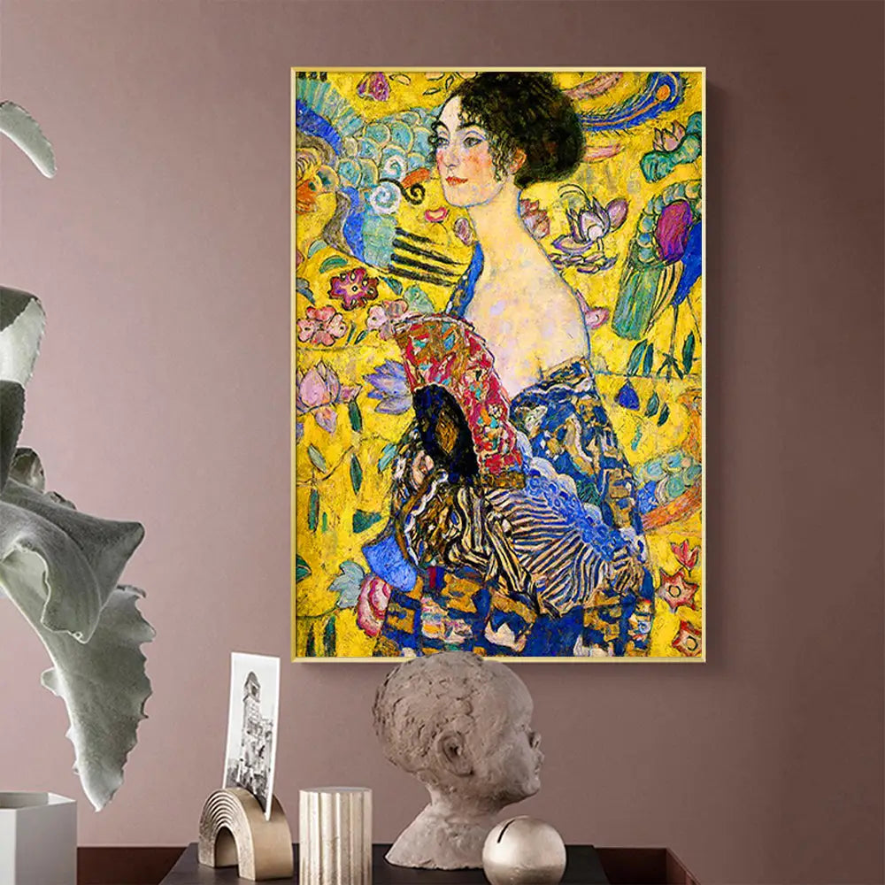 Wall Art 90cmx135cm Lady With A fan By Klimt Gold Frame Canvas - Home & Garden > Wall Art