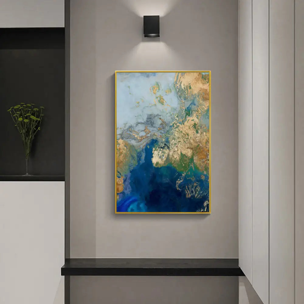 Wall Art 90cmx135cm Marbled Blue Gold Artwork Gold Frame Canvas - Home & Garden > Wall Art