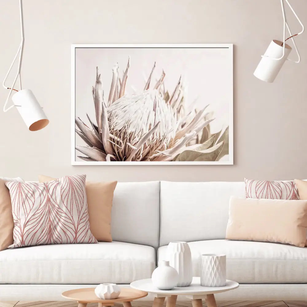 Wall Art 90cmx135cm Pure Protea II White Frame Canvas - Home & Garden > Wall Art