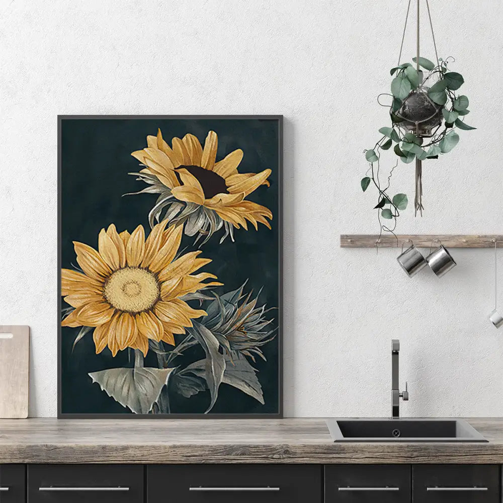 Wall Art 90cmx135cm Sunflowers Black Frame Canvas - Home & Garden > Wall Art