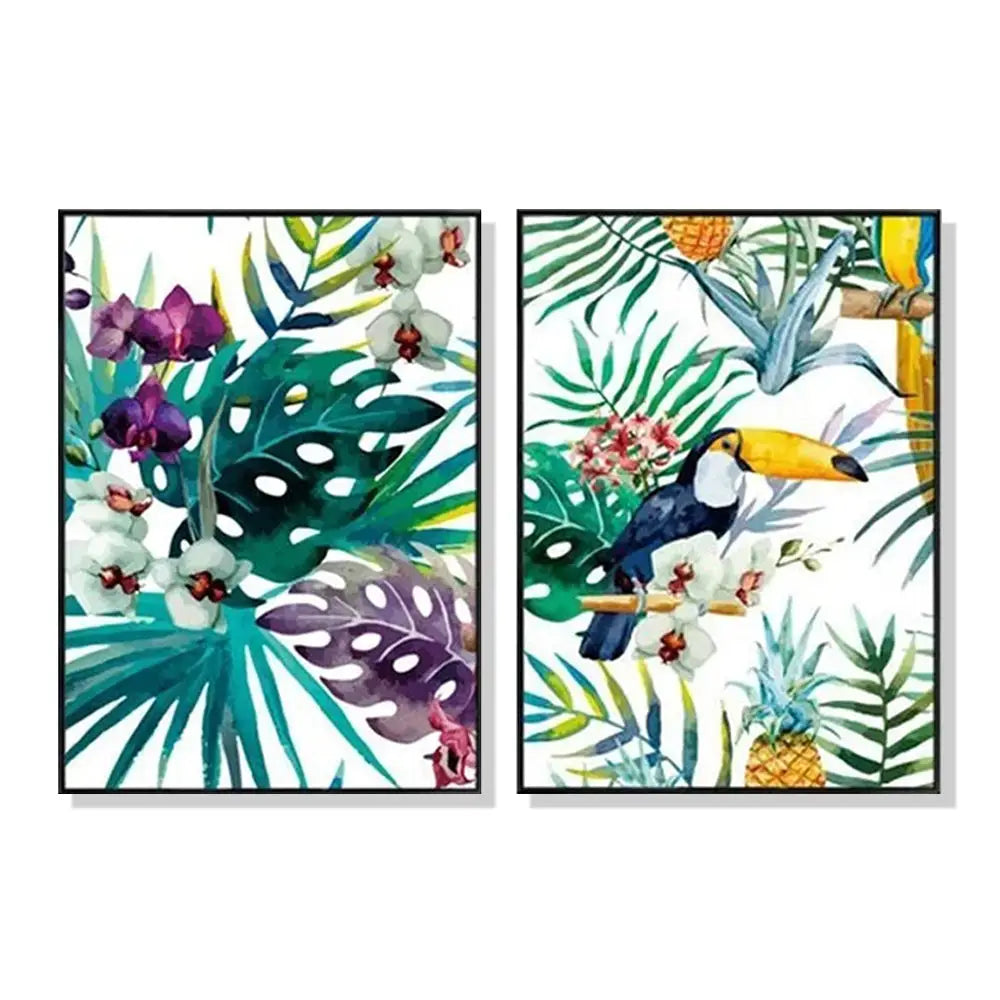 Wall Art 90cmx135cm Toucan and orchid 2 Sets Black Frame Canvas - Home & Garden > Wall Art