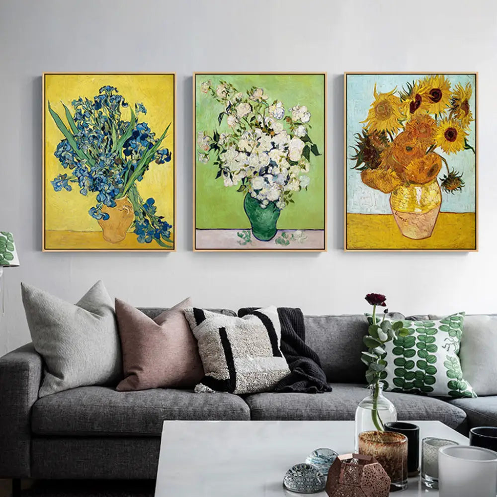 Wall Art 90cmx135cm Van Gogh sunflowers Roses 3 Sets Gold Frame Canvas - Home & Garden > Wall Art