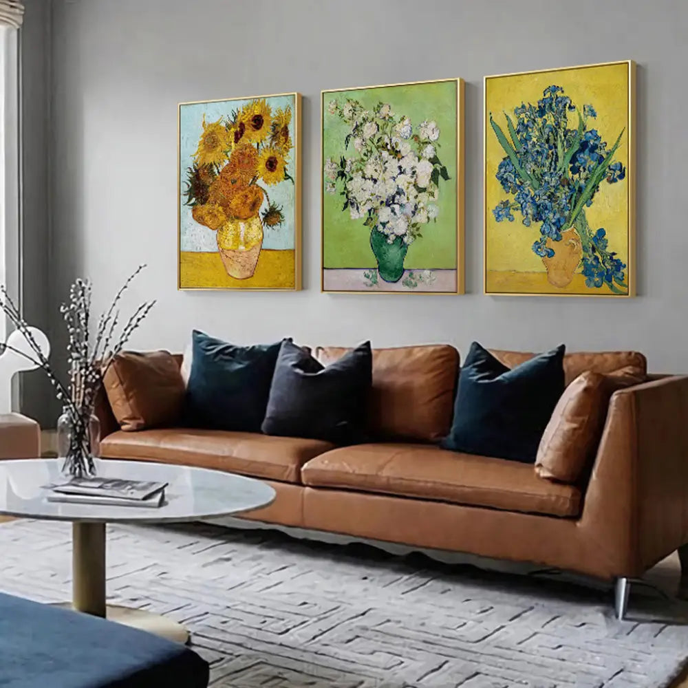 Wall Art 90cmx135cm Van Gogh sunflowers Roses 3 Sets Gold Frame Canvas - Home & Garden > Wall Art