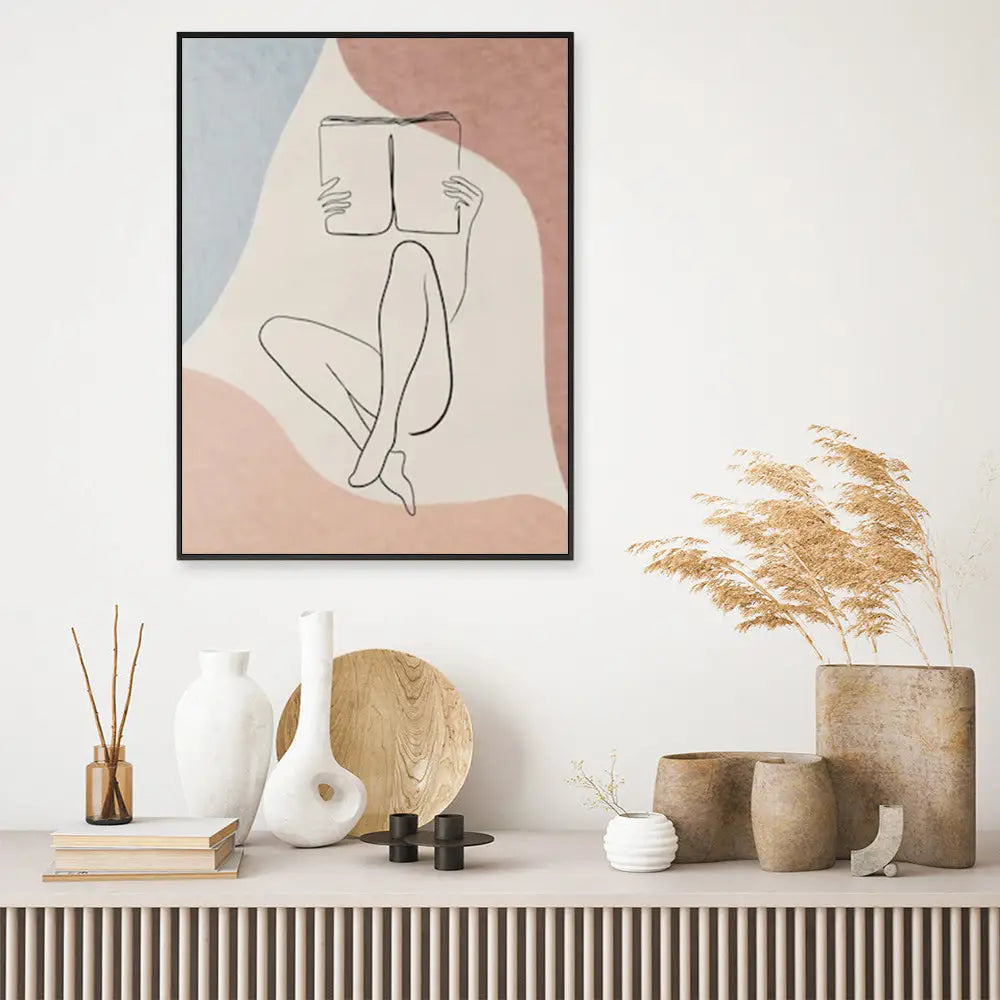 Wall Art 90cmx135cm Woman Reading Book Black Frame Canvas - Home & Garden > Wall Art