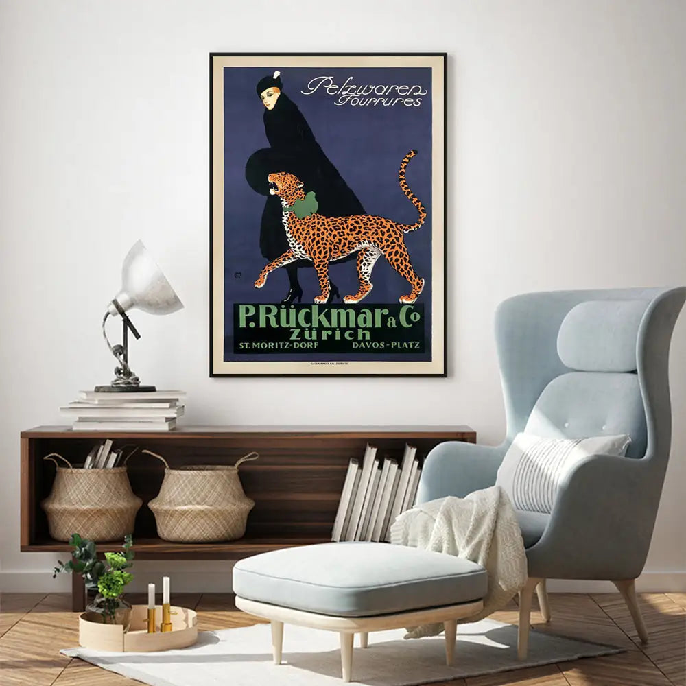Wall Art 90cmx135cm Woman Walking Leopard Vintage Black Frame Canvas - Home & Garden > Wall Art