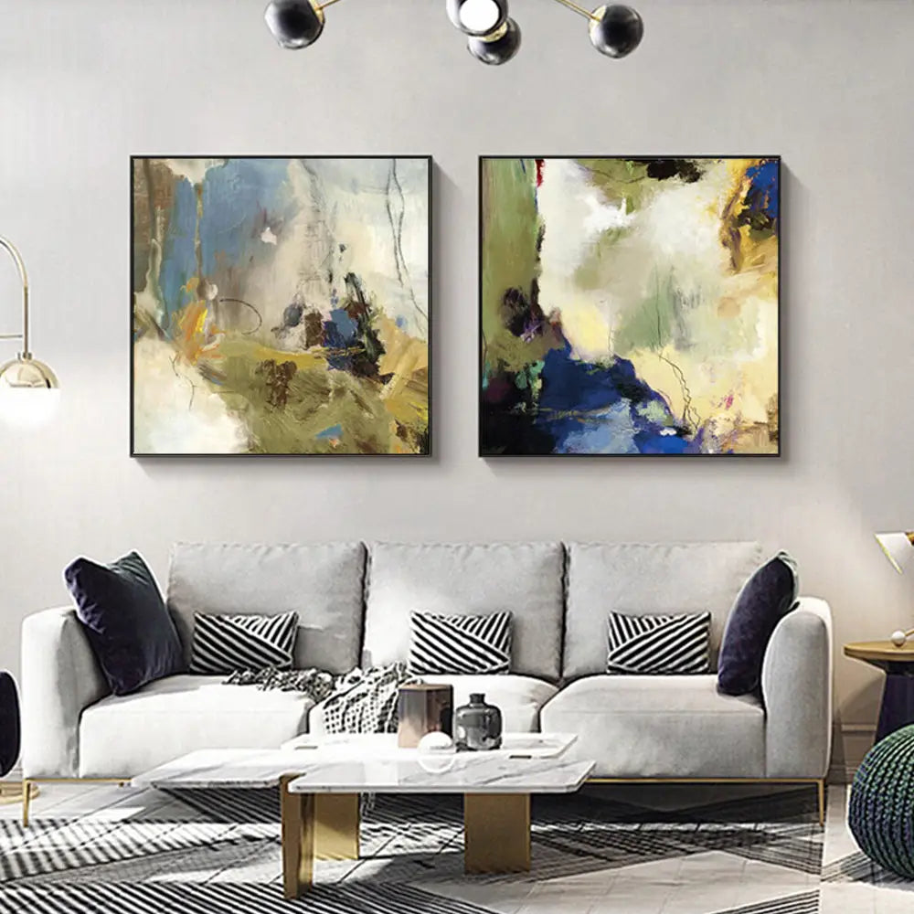 Wall Art 90cmx90cm Abstract Blue 2 Sets Black Frame Canvas - Home & Garden > Wall Art