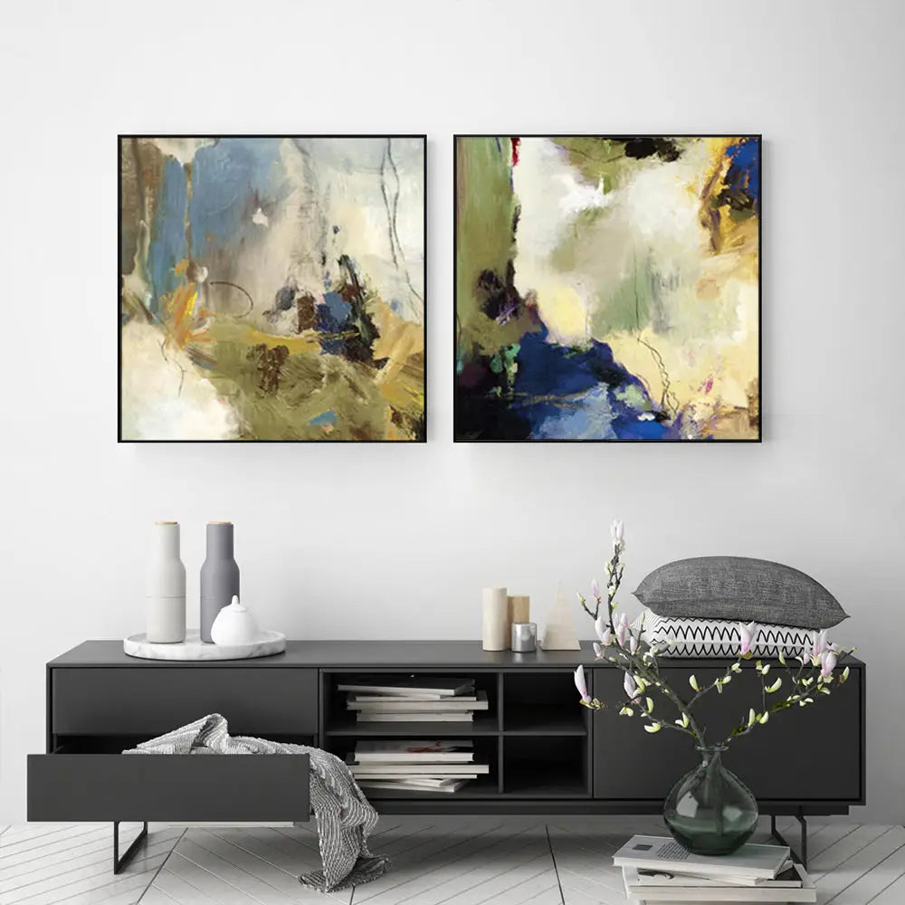 Wall Art 90cmx90cm Abstract Blue 2 Sets Black Frame Canvas - Home & Garden > Wall Art
