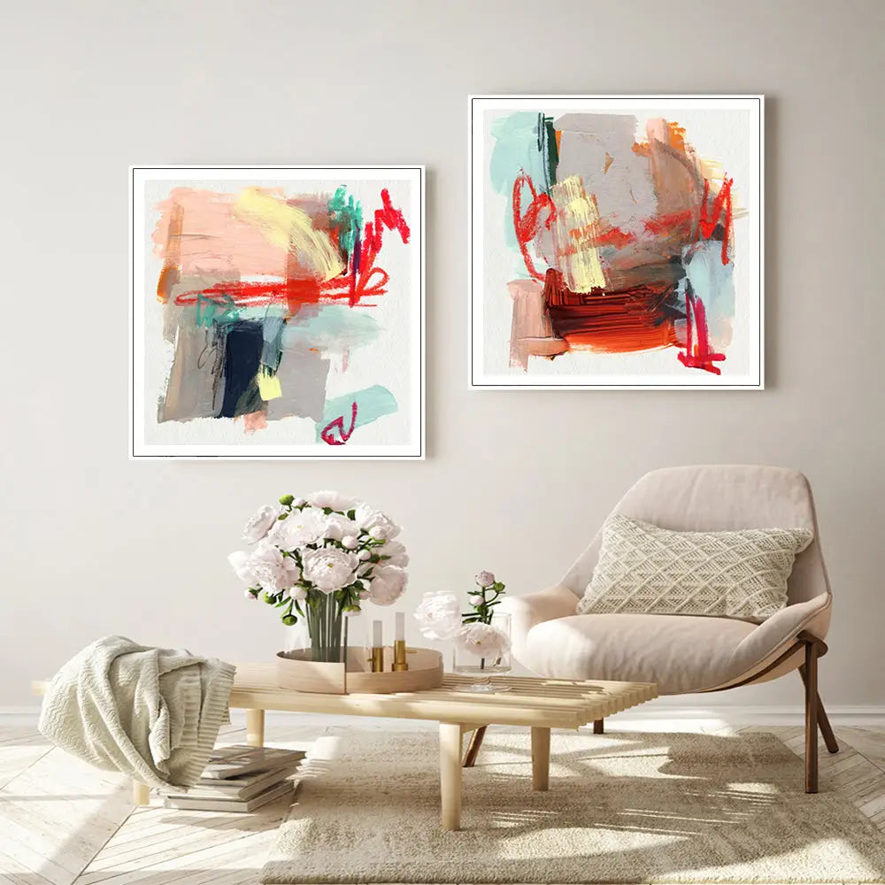 Wall Art 90cmx90cm Abstract Colourful Garden 2 Sets White Frame Canvas - Home & Garden > Wall Art