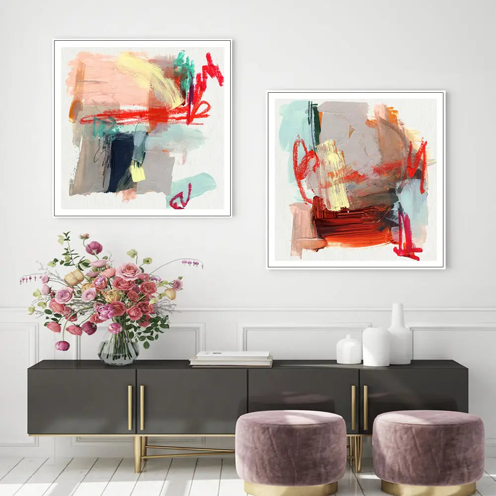 Wall Art 90cmx90cm Abstract Colourful Garden 2 Sets White Frame Canvas - Home & Garden > Wall Art
