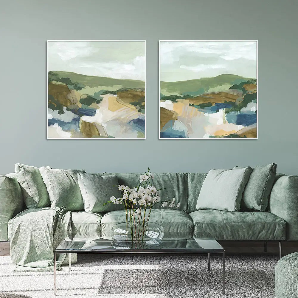 Wall Art 90cmx90cm Abstract Landscape 2 Sets White Frame Canvas - Home & Garden > Wall Art