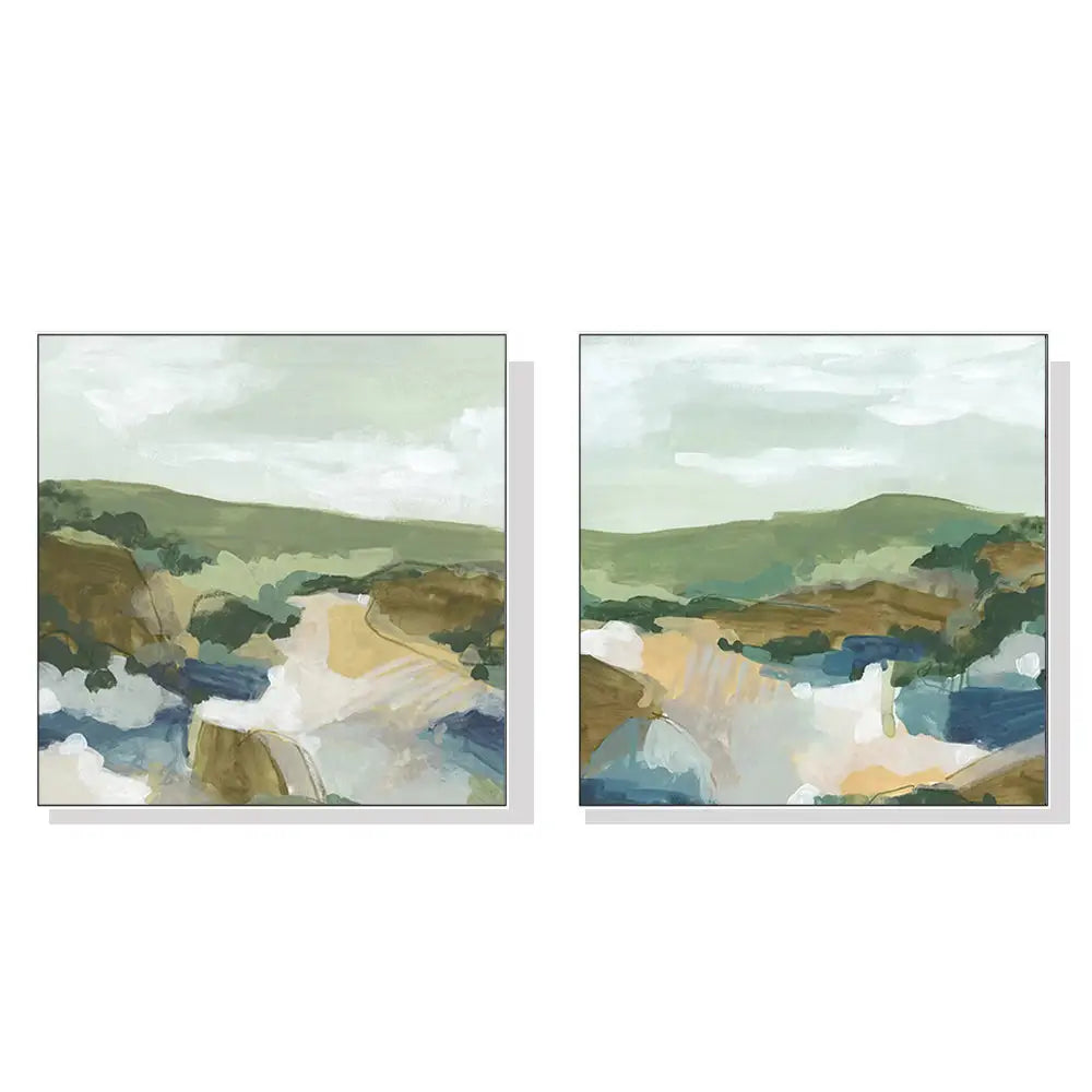 Wall Art 90cmx90cm Abstract Landscape 2 Sets White Frame Canvas - Home & Garden > Wall Art