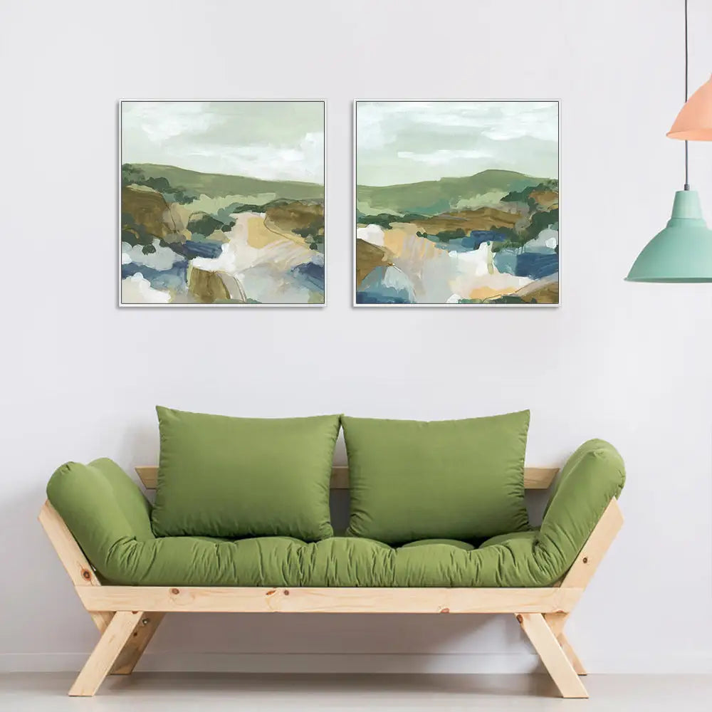 Wall Art 90cmx90cm Abstract Landscape 2 Sets White Frame Canvas - Home & Garden > Wall Art