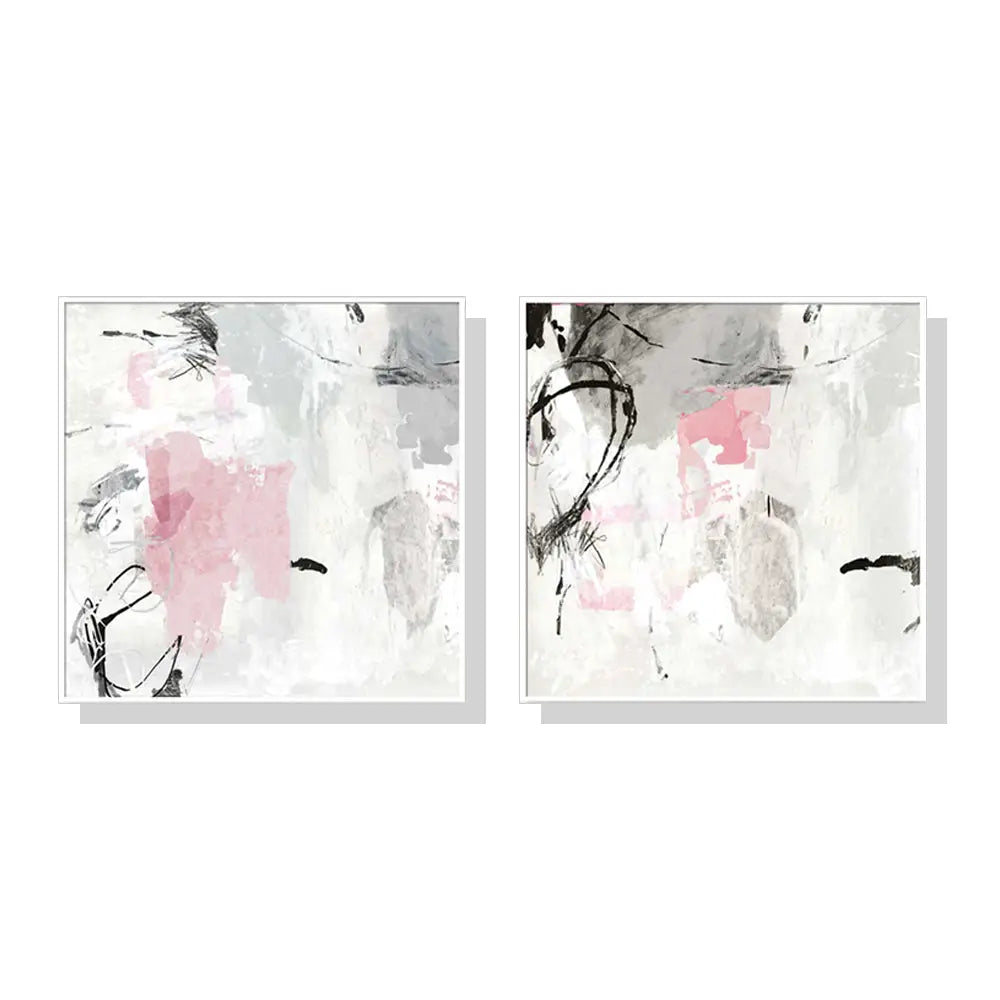 Wall Art 90cmx90cm Abstract Pink Grey 2 Sets White Frame Canvas - Home & Garden > Wall Art