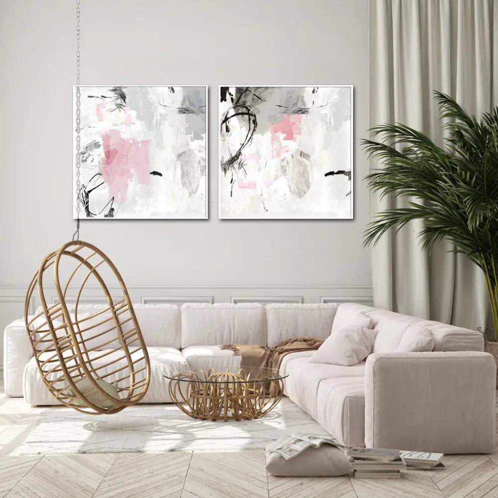 Wall Art 90cmx90cm Abstract Pink Grey 2 Sets White Frame Canvas - Home & Garden > Wall Art