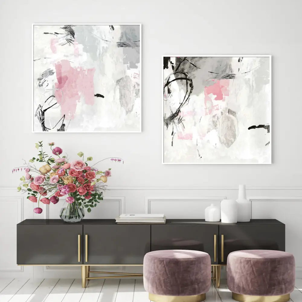 Wall Art 90cmx90cm Abstract Pink Grey 2 Sets White Frame Canvas - Home & Garden > Wall Art