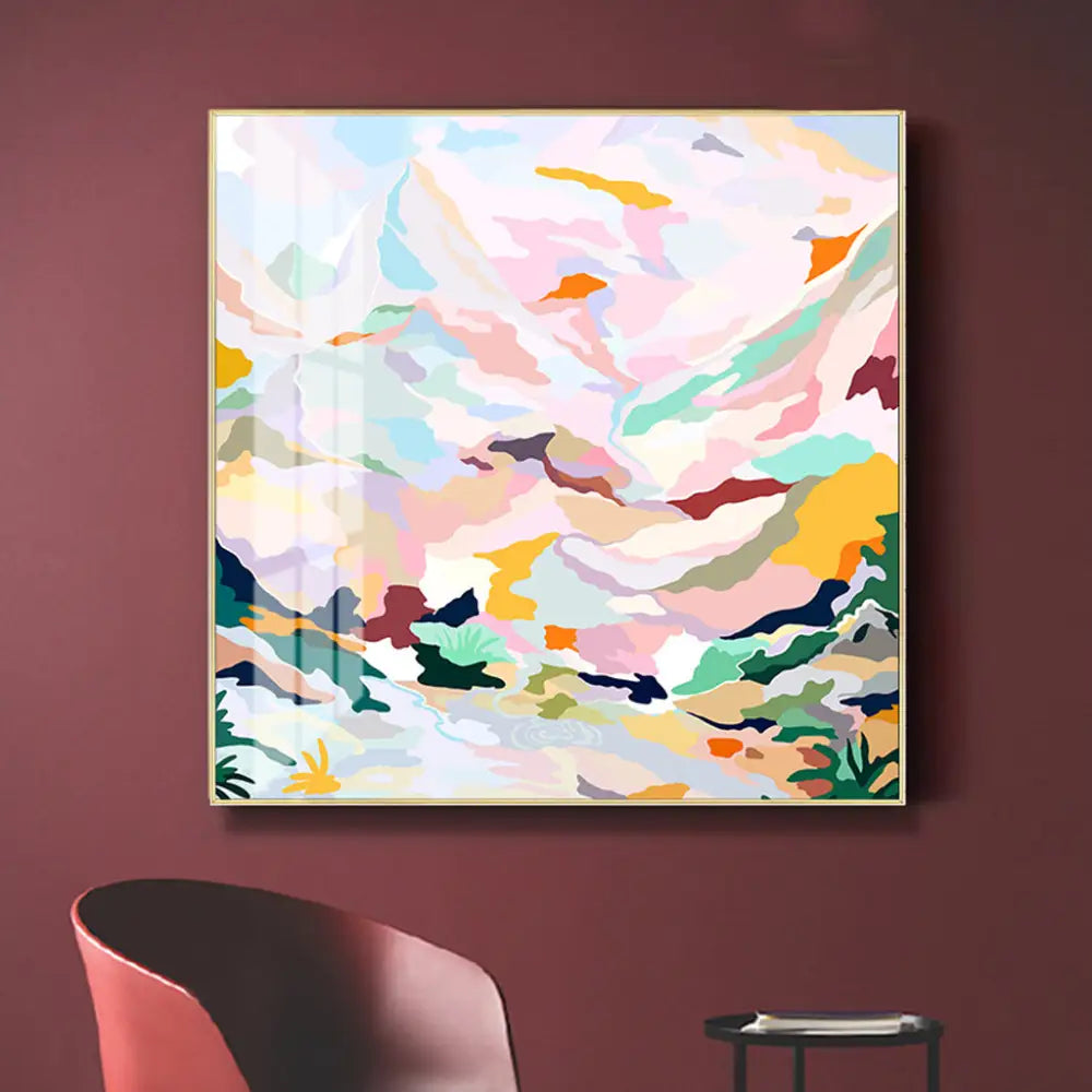 Wall Art 90cmx90cm Abstract Pink Mountain Hand Painted Style Gold Frame Canvas - Home & Garden > Wall Art
