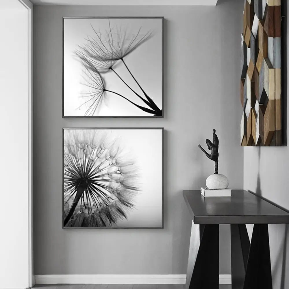 Wall Art 90cmx90cm Black and white dandelion 2 Sets Black Frame Canvas - Home & Garden > Wall Art