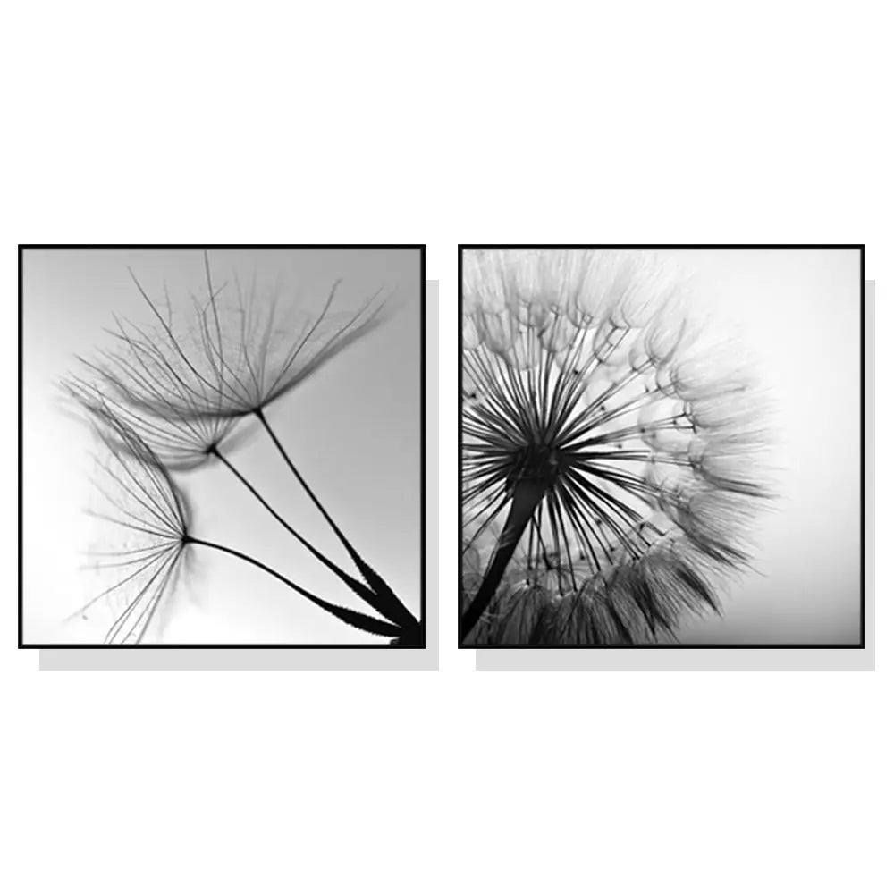 Wall Art 90cmx90cm Black and white dandelion 2 Sets Black Frame Canvas - Home & Garden > Wall Art
