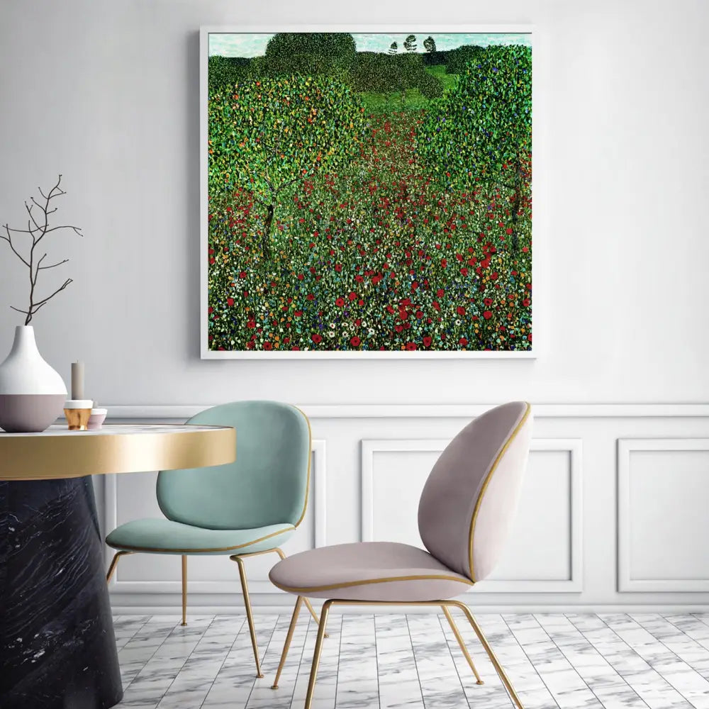 Wall Art 90cmx90cm Field of Poppies by Gustav Klimt White Frame Canvas - Home & Garden > Wall Art