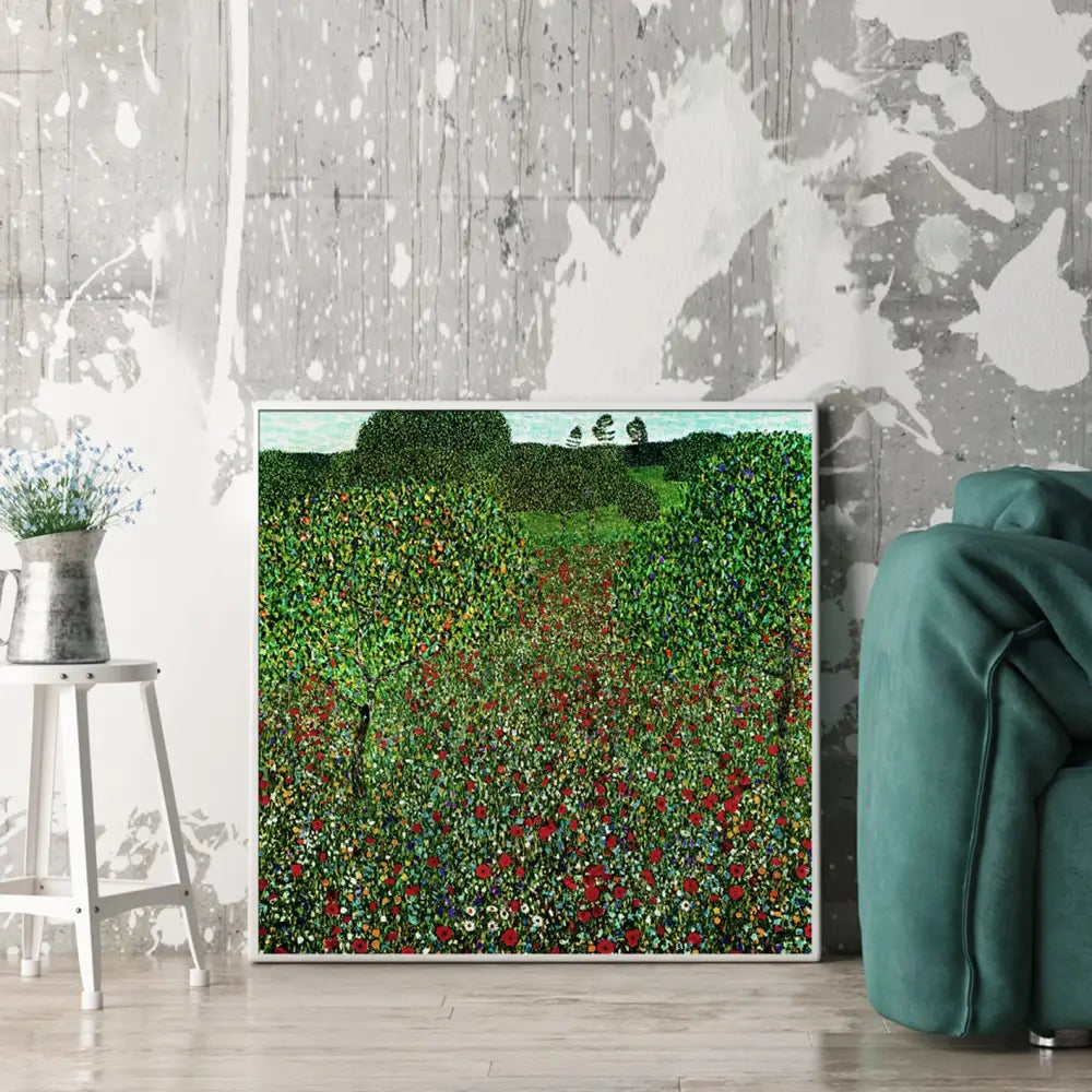 Wall Art 90cmx90cm Field of Poppies by Gustav Klimt White Frame Canvas - Home & Garden > Wall Art