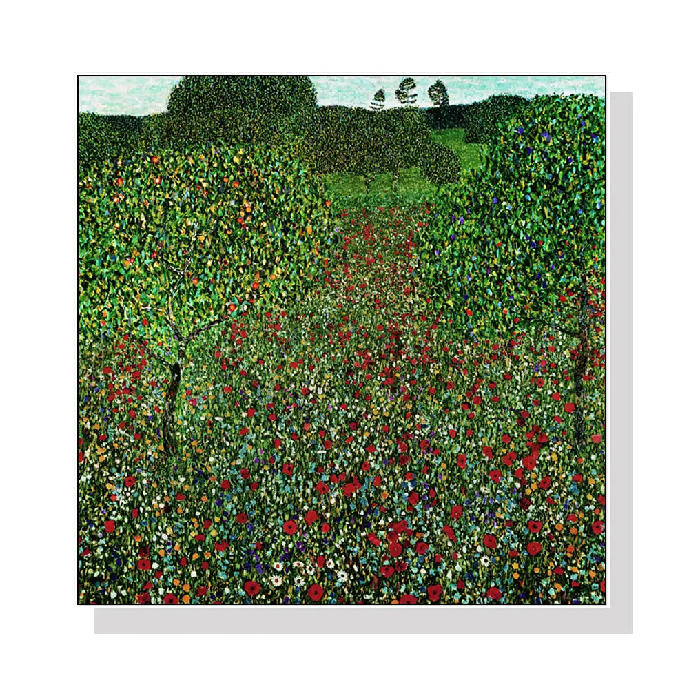 Wall Art 90cmx90cm Field of Poppies by Gustav Klimt White Frame Canvas - Home & Garden > Wall Art