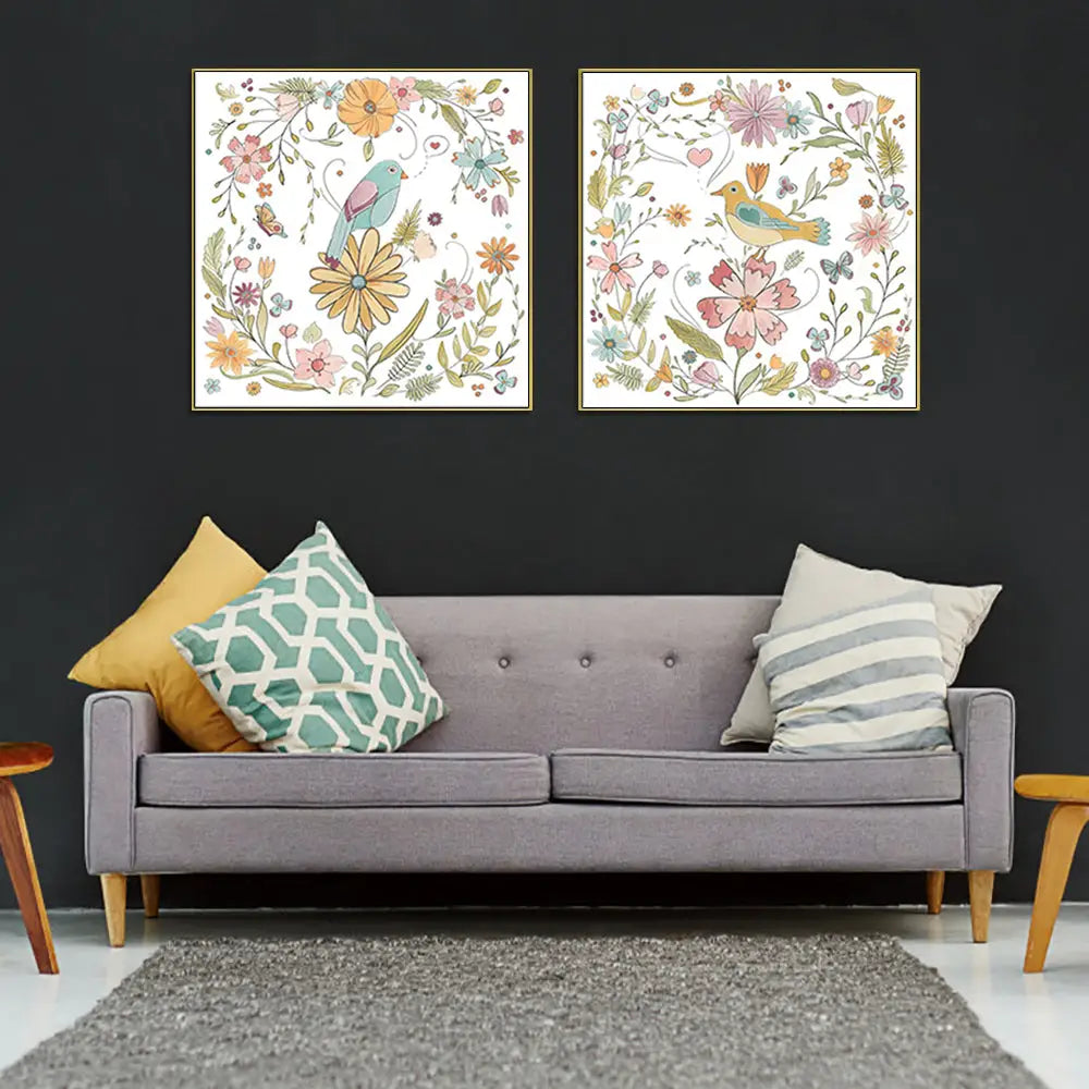 Wall Art 90cmx90cm Floral birds 2 Sets Gold Frame Canvas - Home & Garden > Wall Art