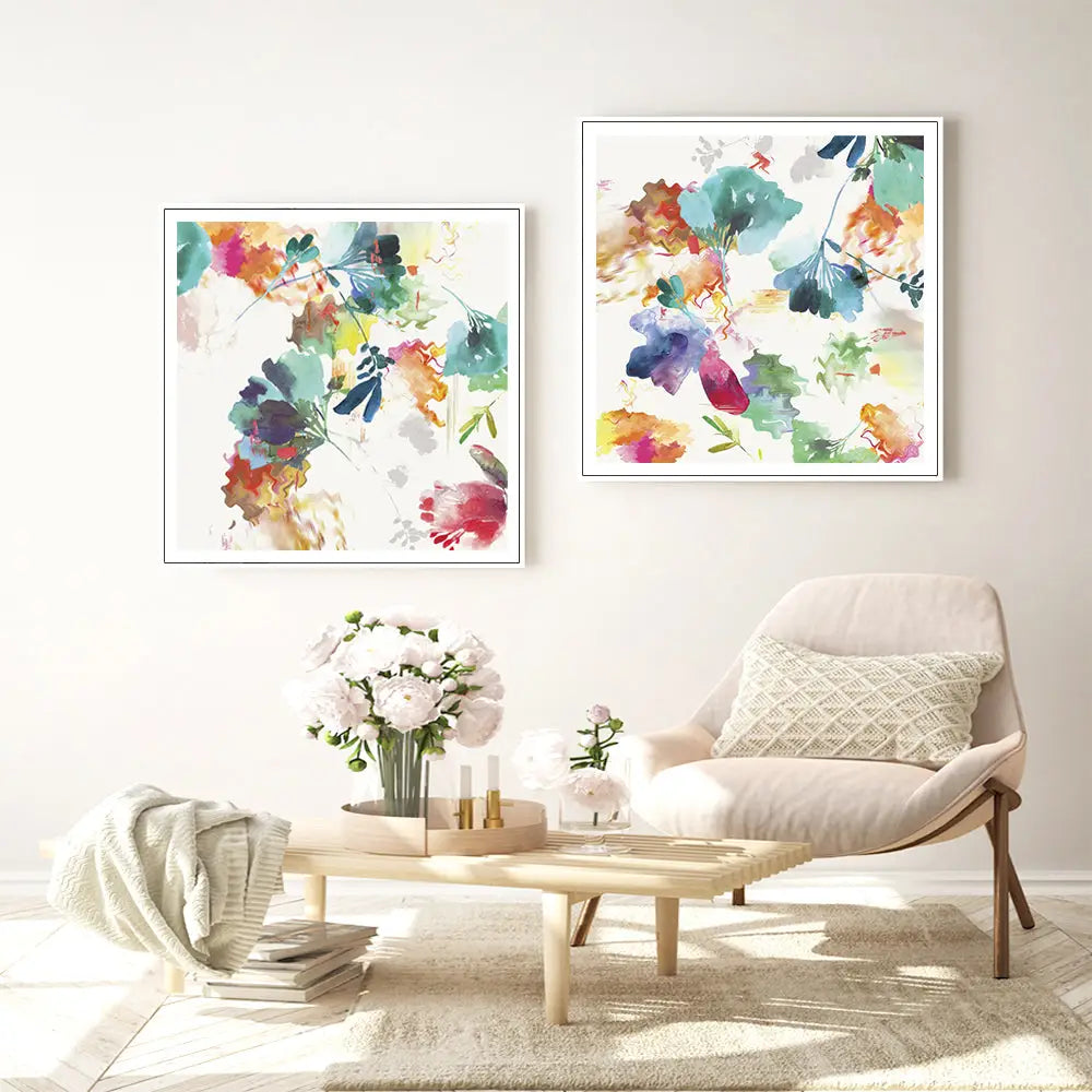 Wall Art 90cmx90cm Glitchy Floral 2 Sets White Frame Canvas - Home & Garden > Wall Art