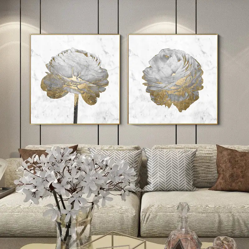 Wall Art 90cmx90cm Gold And White Blossom On White 2 Sets Gold Frame Canvas - Home & Garden > Wall Art