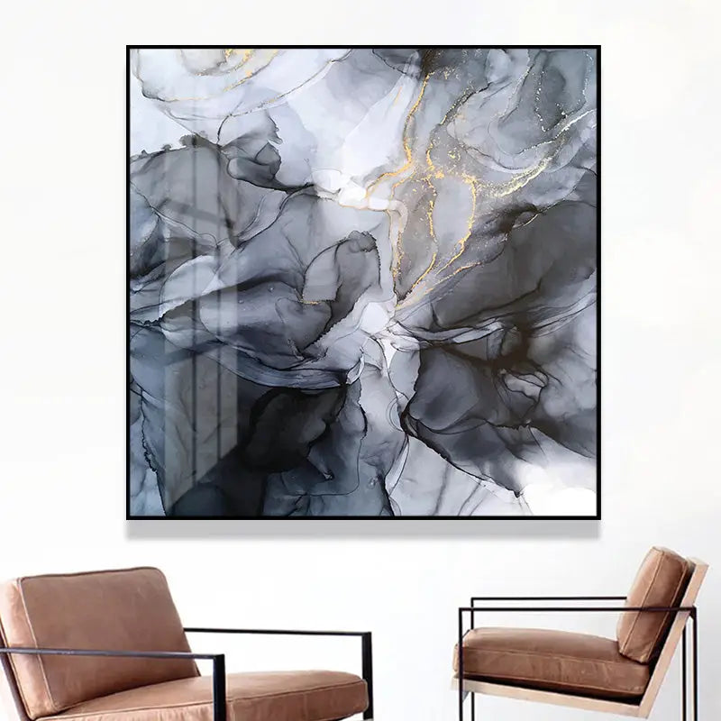 Wall Art 90cmx90cm Marbled Black Grey Black Frame Canvas - Home & Garden > Wall Art