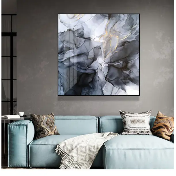 Wall Art 90cmx90cm Marbled Black Grey Black Frame Canvas - Home & Garden > Wall Art