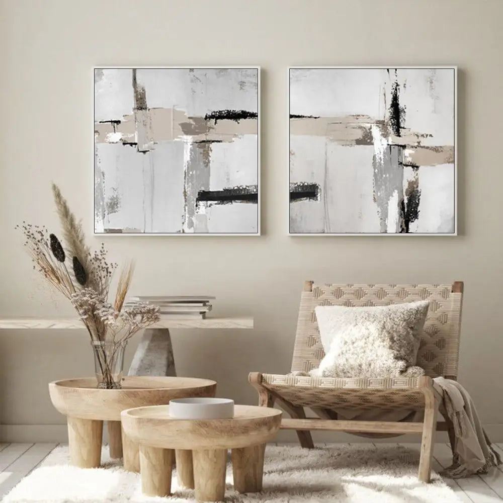 Wall Art 90cmx90cm Neutral Abstract 2 Sets White Frame Canvas - Home & Garden > Wall Art