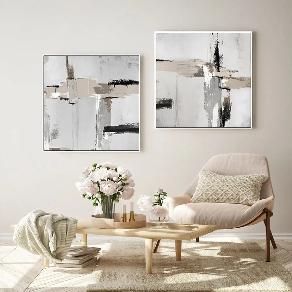 Wall Art 90cmx90cm Neutral Abstract 2 Sets White Frame Canvas - Home & Garden > Wall Art