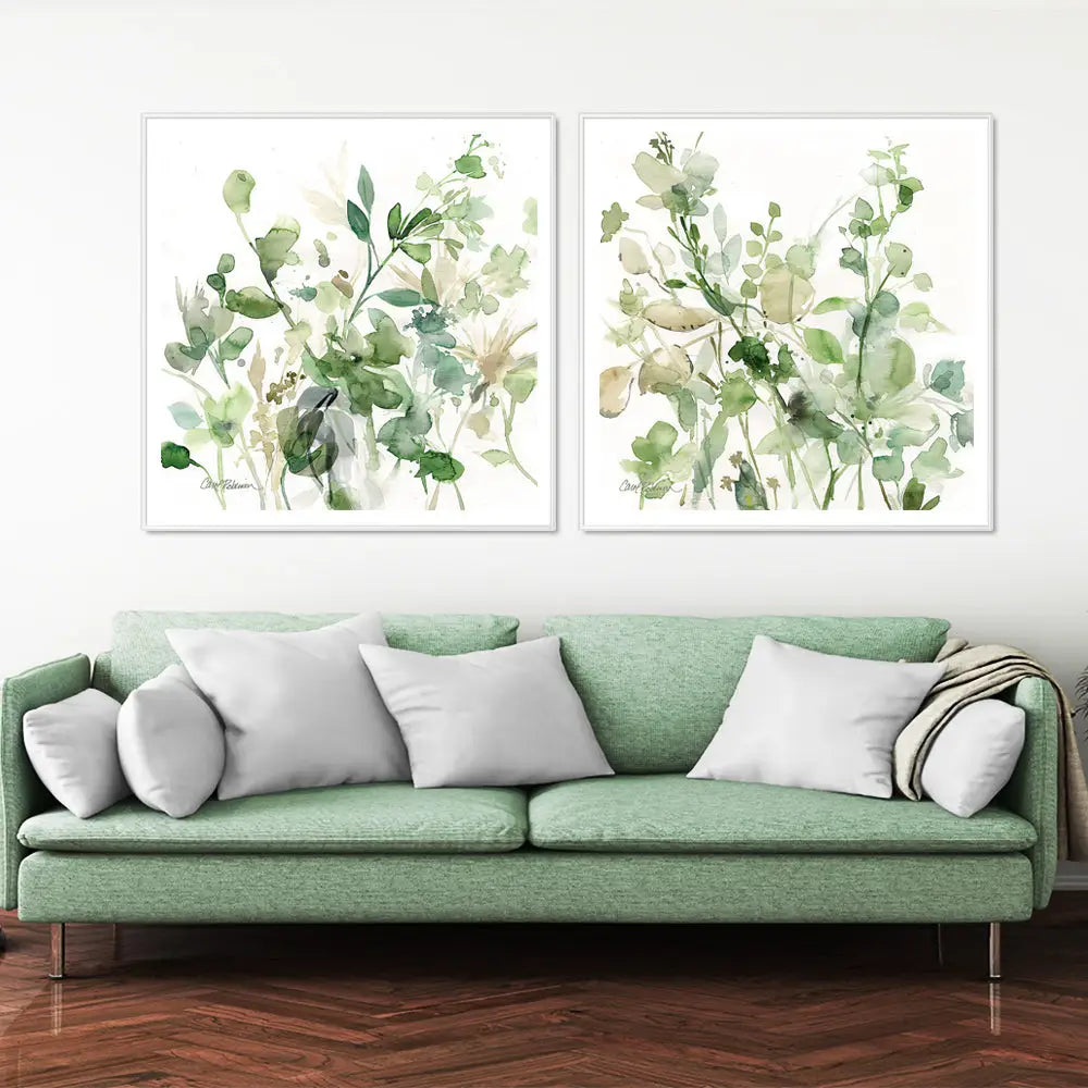 Wall Art 90cmx90cm Sage Garden By Carol Robinson 2 Sets White Frame Canvas - Home & Garden > Wall Art