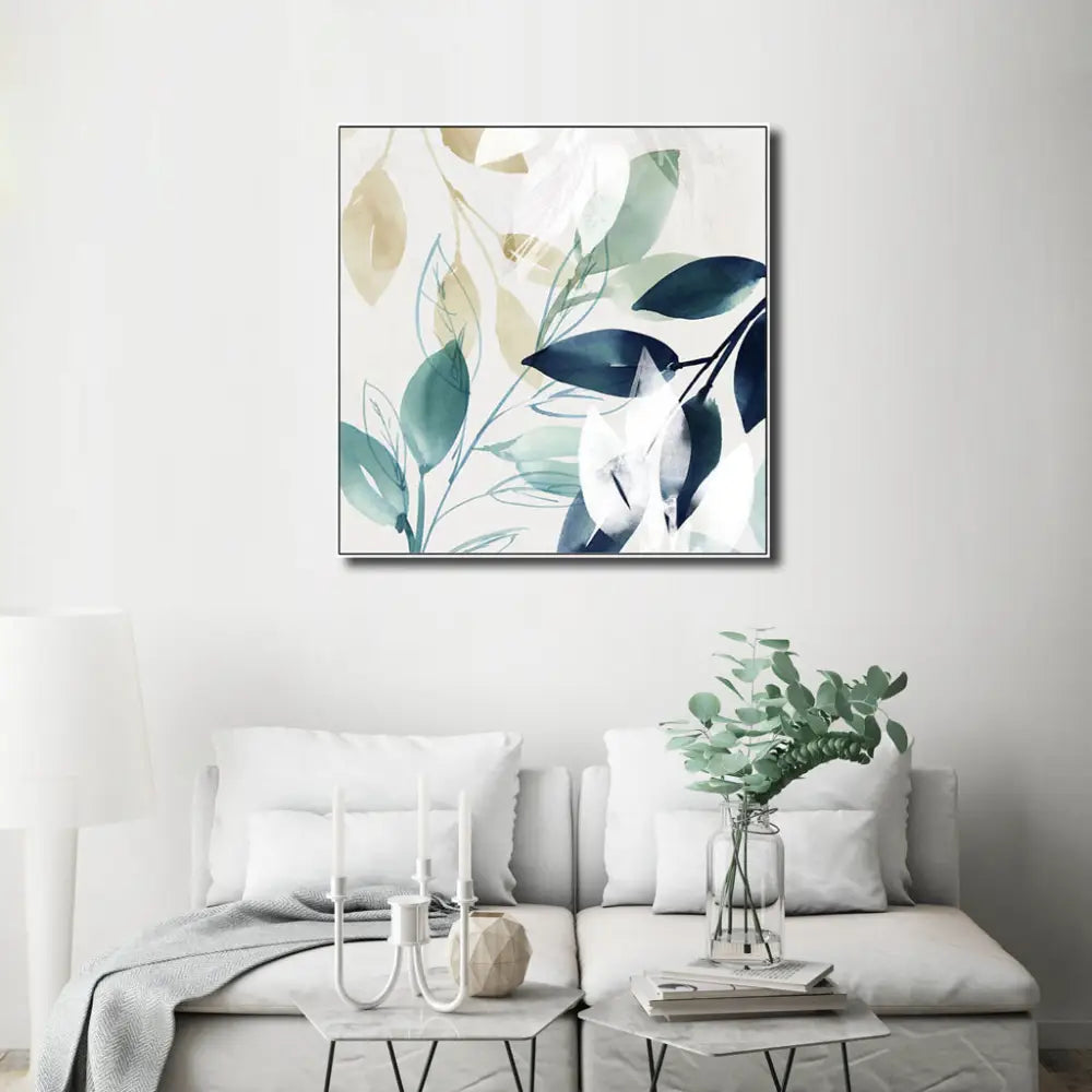 Wall Art 90cmx90cm Watercolour style leaves 2 Sets White Frame Canvas - Home & Garden > Wall Art
