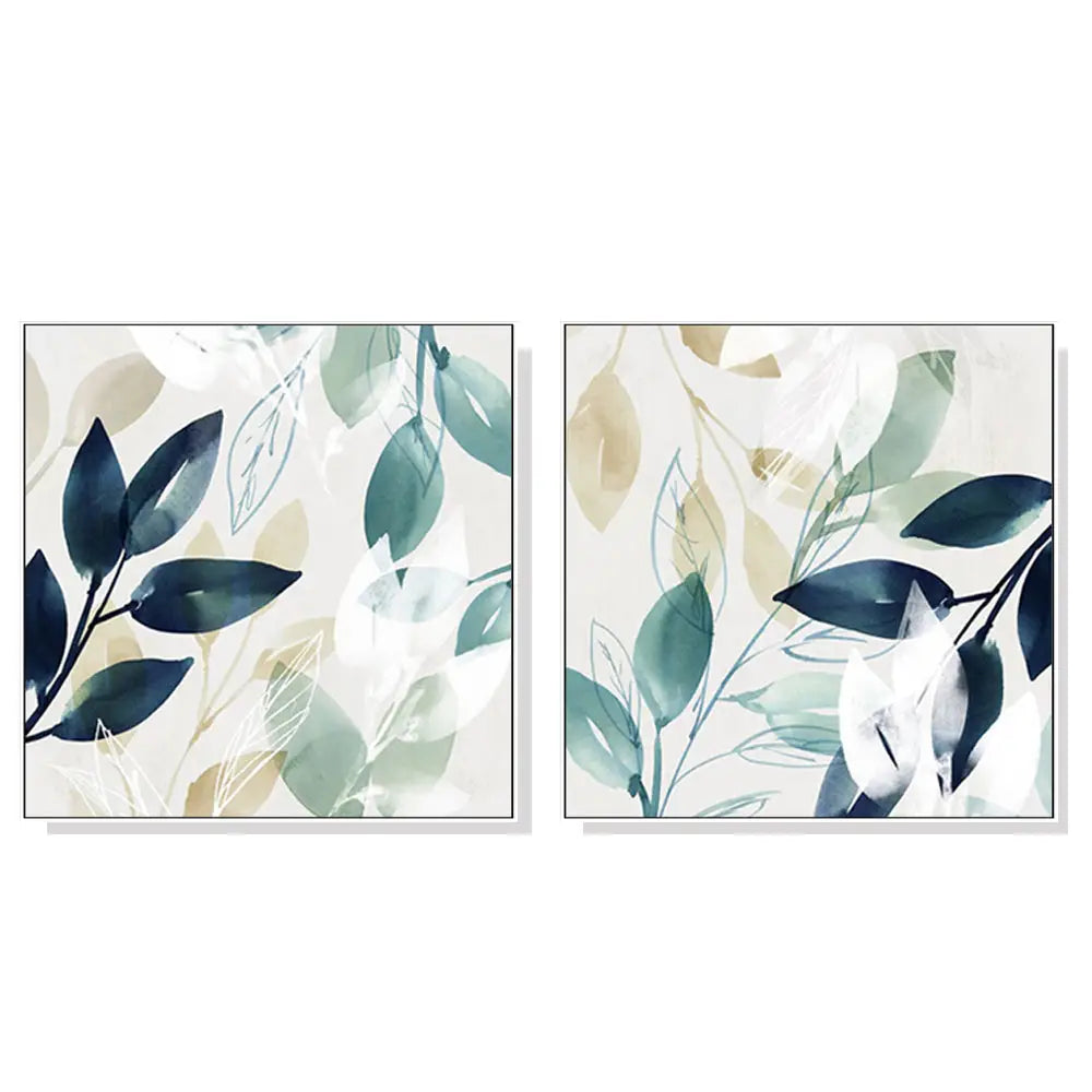 Wall Art 90cmx90cm Watercolour style leaves 2 Sets White Frame Canvas - Home & Garden > Wall Art