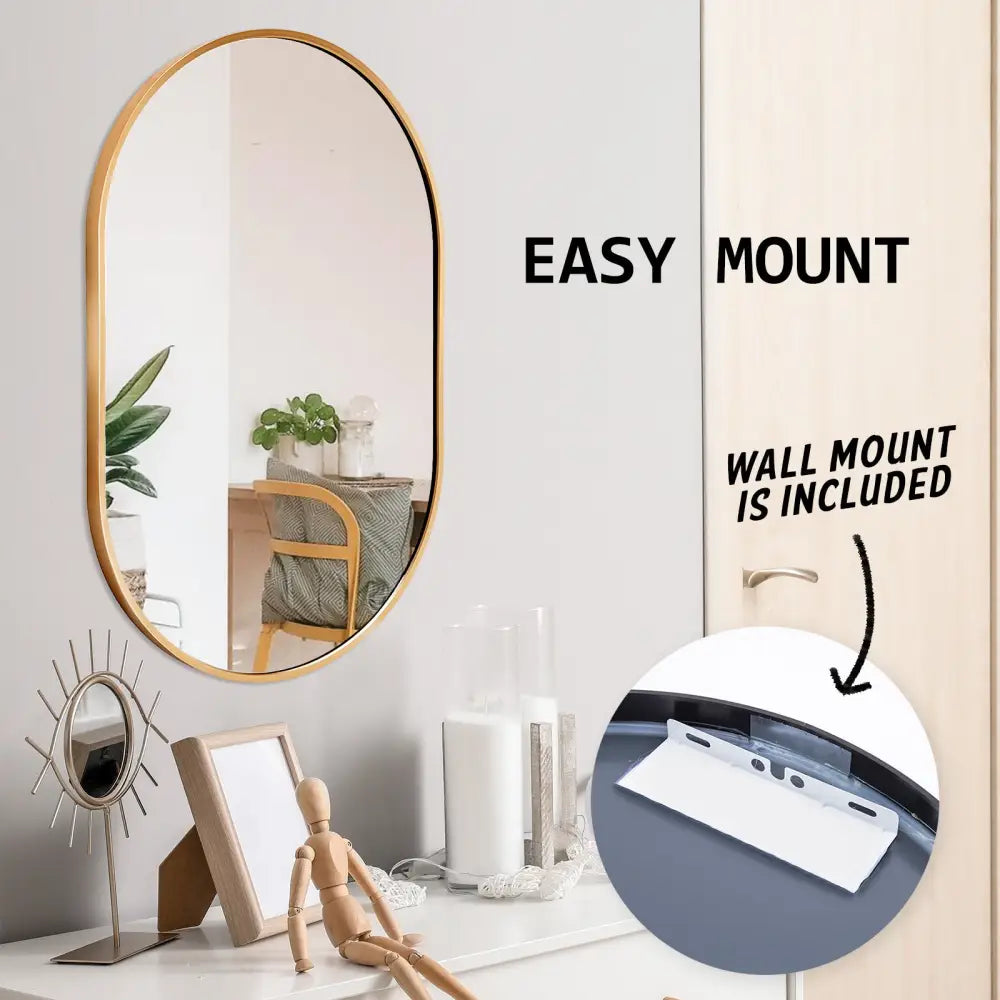 Wall Mirror Oval Aluminum Frame Bathroom 50x75cm GOLD - Home & Garden > Decor > Mirrors