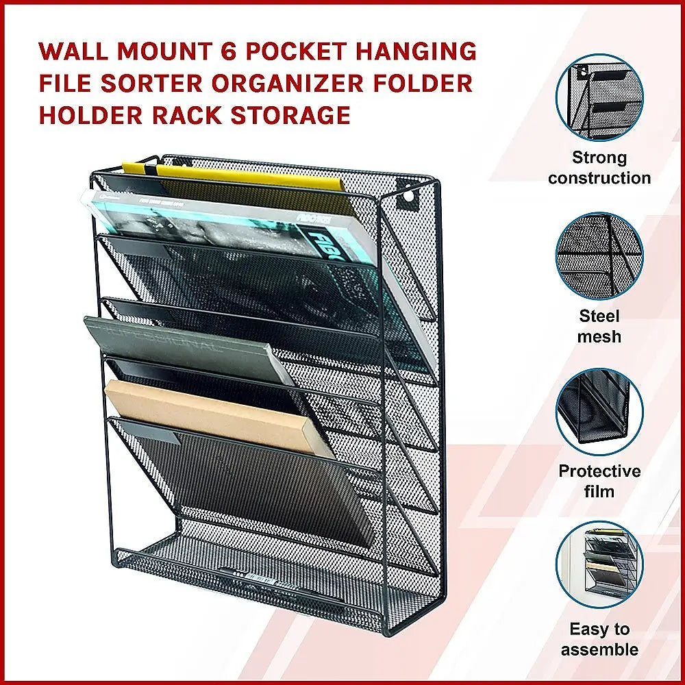 Wall Mount 6 Pocket Hanging File Sorter Organizer Folder Holder Rack Storage - Furniture > Office