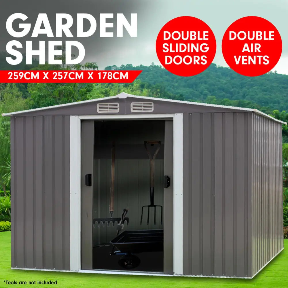 Wallaroo Garden Shed Spire Roof 8ft x 8ft Outdoor Storage Shelter - Grey - Home & Garden > Storage