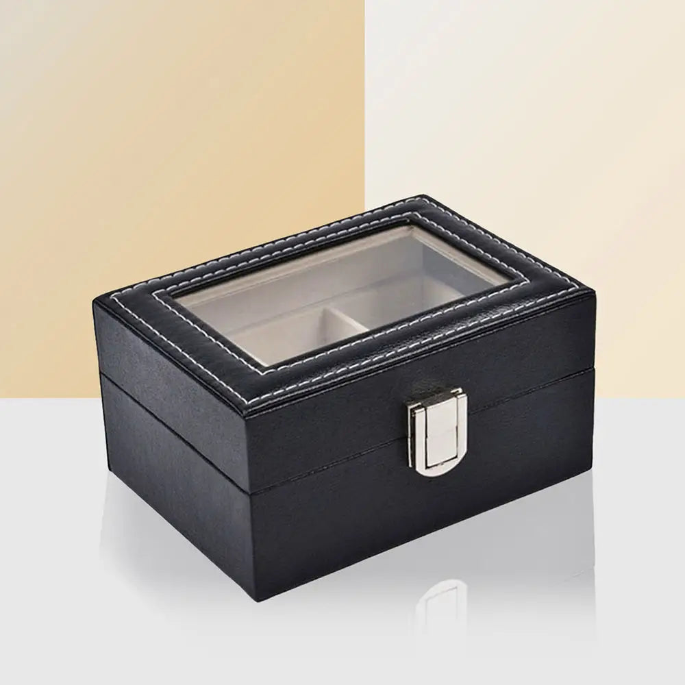 Watch Box Organizer Case Jewelry Display Tray Glass Top PU Leather(2 Slot) - Home & Garden > Storage