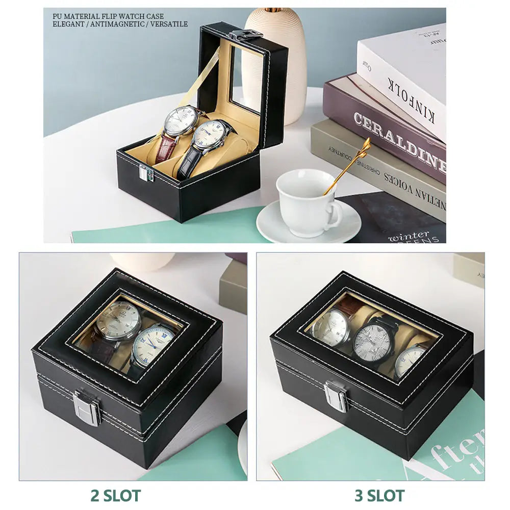 Watch Box Organizer Case Jewelry Display Tray Glass Top PU Leather(2 Slot) - Home & Garden > Storage