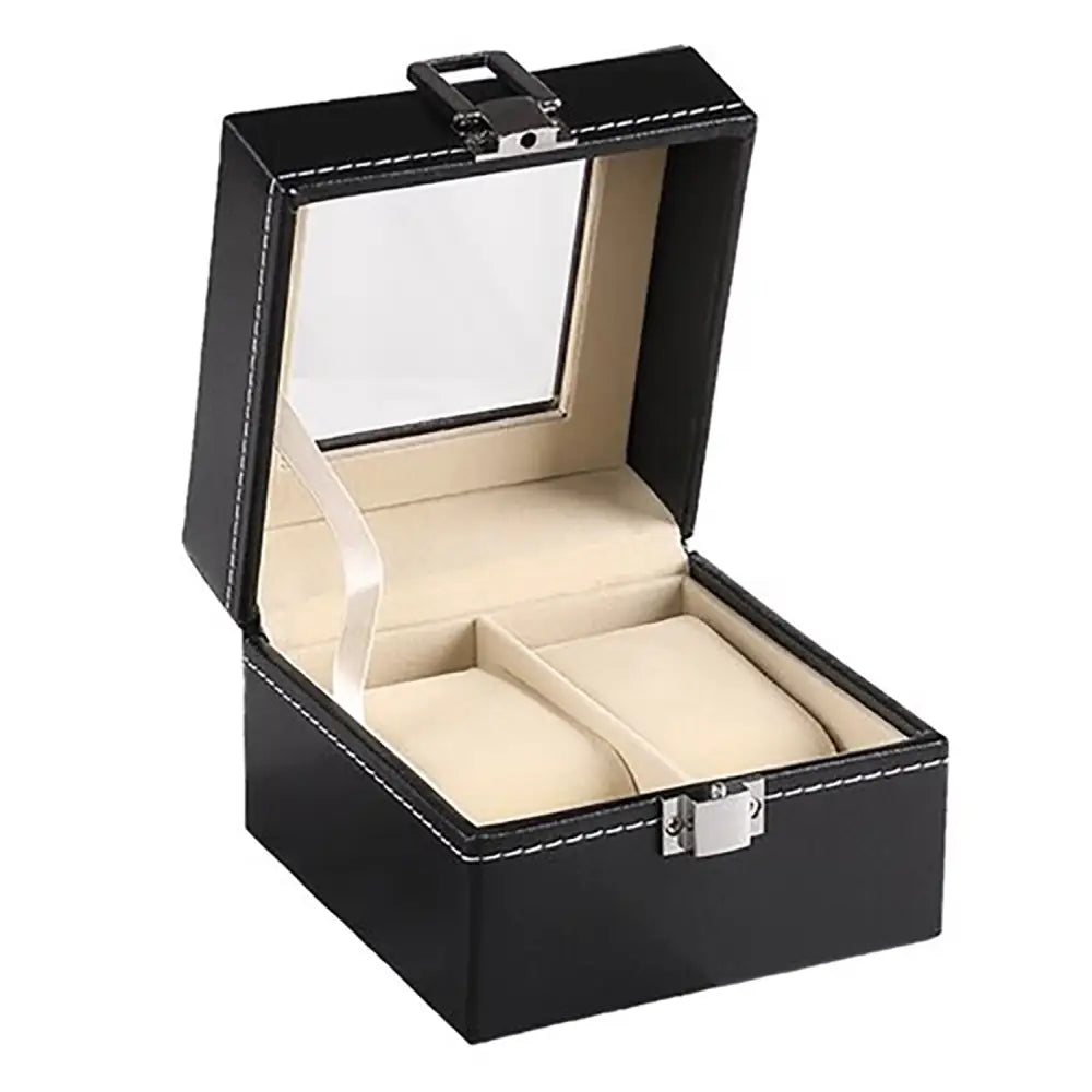 Watch Box Organizer Case Jewelry Display Tray Glass Top PU Leather(2 Slot) - Home & Garden > Storage