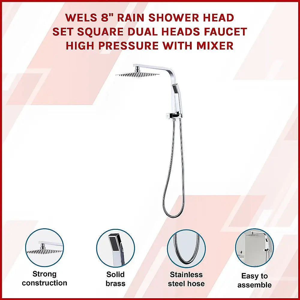 WELS 8’’ Rain Shower Head Set Square Dual Heads Faucet High Pressure Hand Held - Furniture > Bathroom > Shower