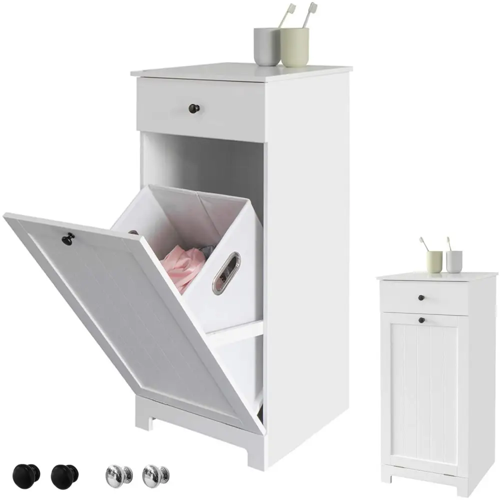 White Bathroom Cabinet with Laundry Basket and Drawer - Home & Garden > Storage