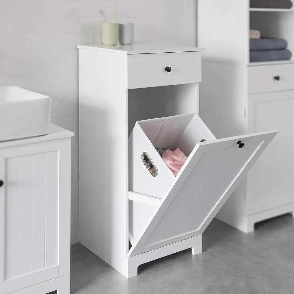 White Bathroom Cabinet with Laundry Basket and Drawer - Home & Garden > Storage